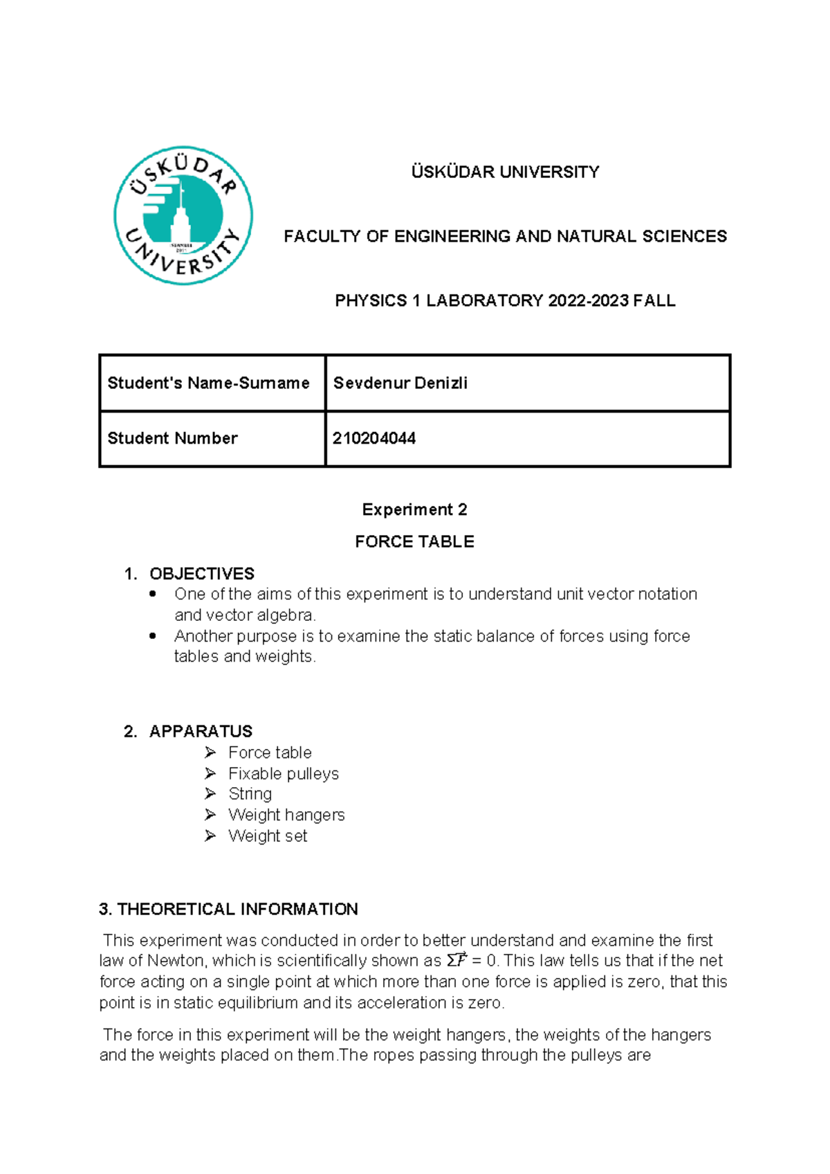 PHYSICS 1 LAB REPORT: EXPERIMENT 2 - FORCE TABLE - Studocu