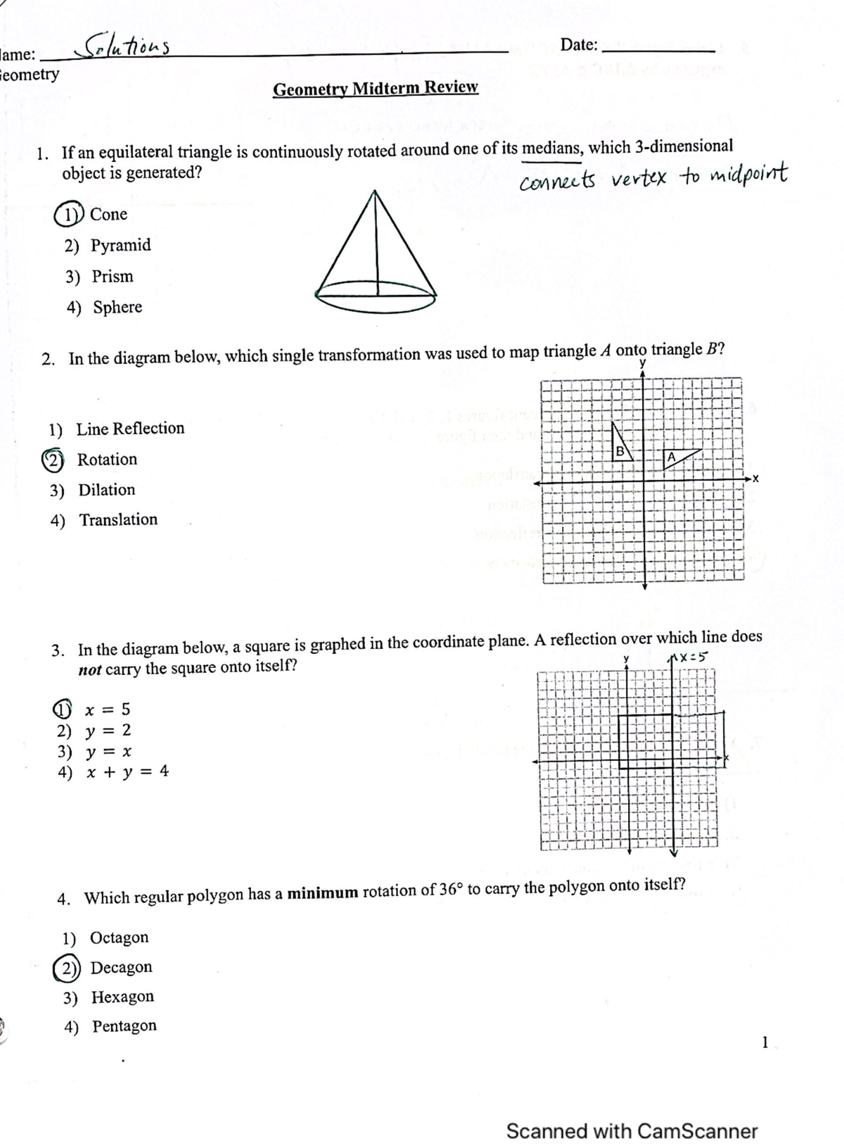 Answer Key: Midterm Review - Solutions Date: ame: Geometry Geometry ...