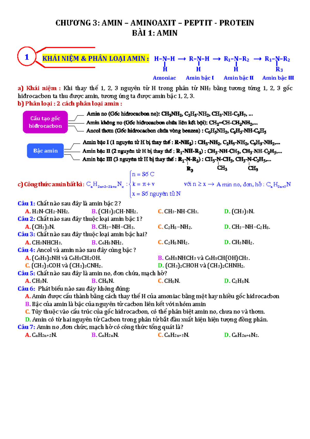 Buổi 1. Amin - LÝ THUYẾT AMIN - KHÁI NIỆM & PHÂN LOẠI AMIN : H–N–H R–N ...