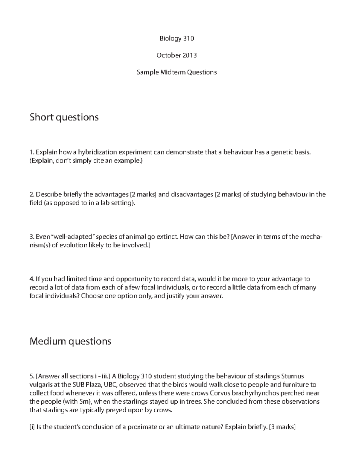 Biol 310 2013 sample midterm questions - Short questions Explain how a ...