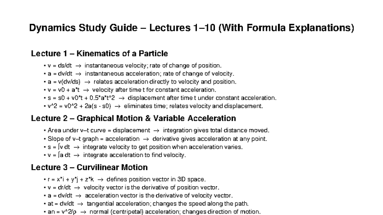 Dynamics 1-10 Study Guide: Lecture Notes & Formula Explanations - Studocu