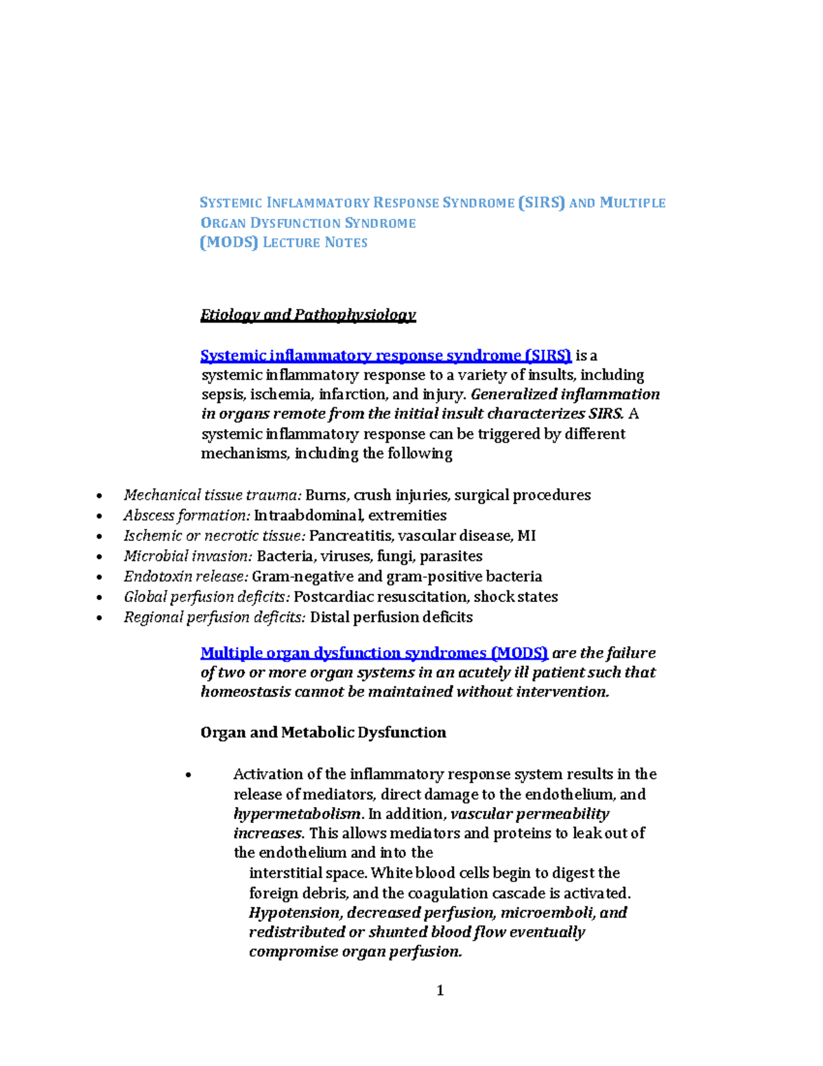 SIRS & MODS Lecture Notes: Pathophysiology and Management - Studocu