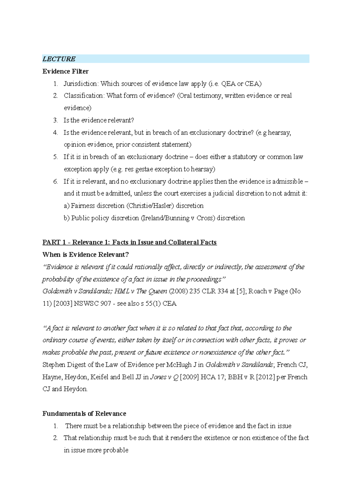LECTURE Evidence Law Notes: Relevance, Admissibility & Discretion - Studocu