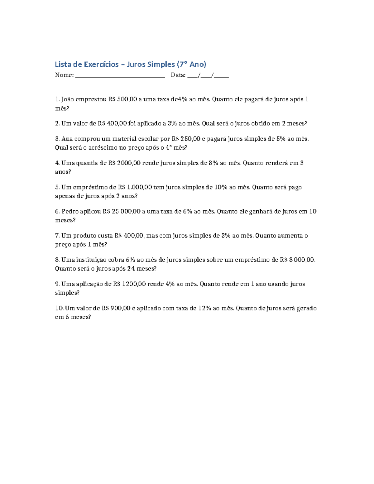 Exercícios de Juros Simples - 7º Ano - Studocu