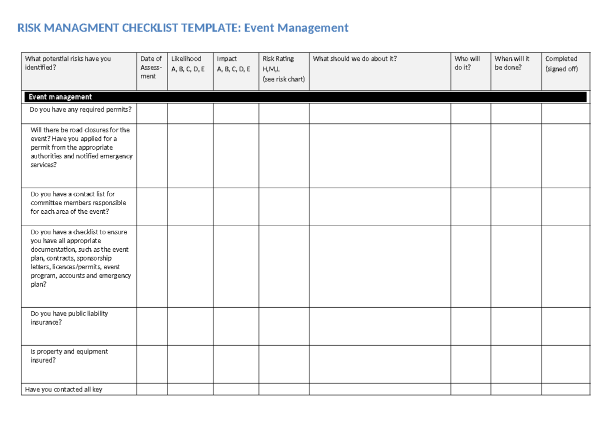 Risk Management Plan - RISK MANAGMENT CHECKLIST TEMPLATE: Event ...