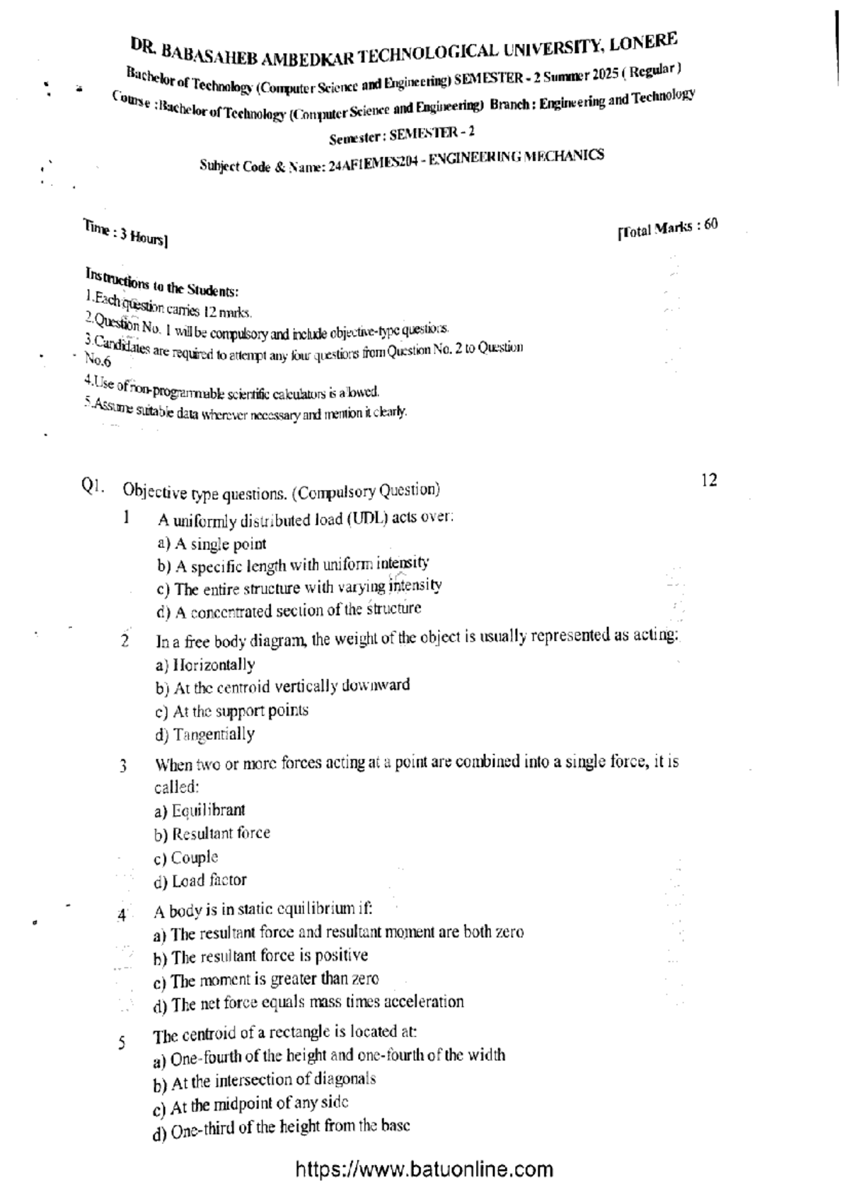 BTech 1st Year Engineering Mechanics Exam Notes 24AF1EMES204 Summer ...