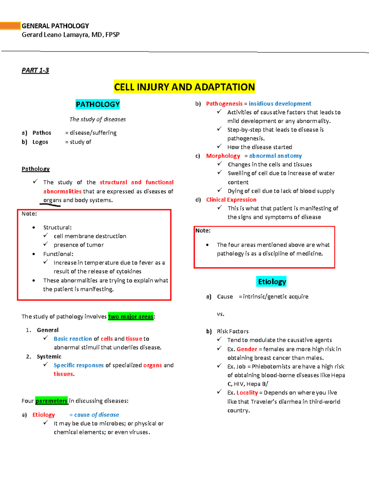 Genpath-LEC- Notes: Cell Injury & Adaptation in General Pathology - Studocu