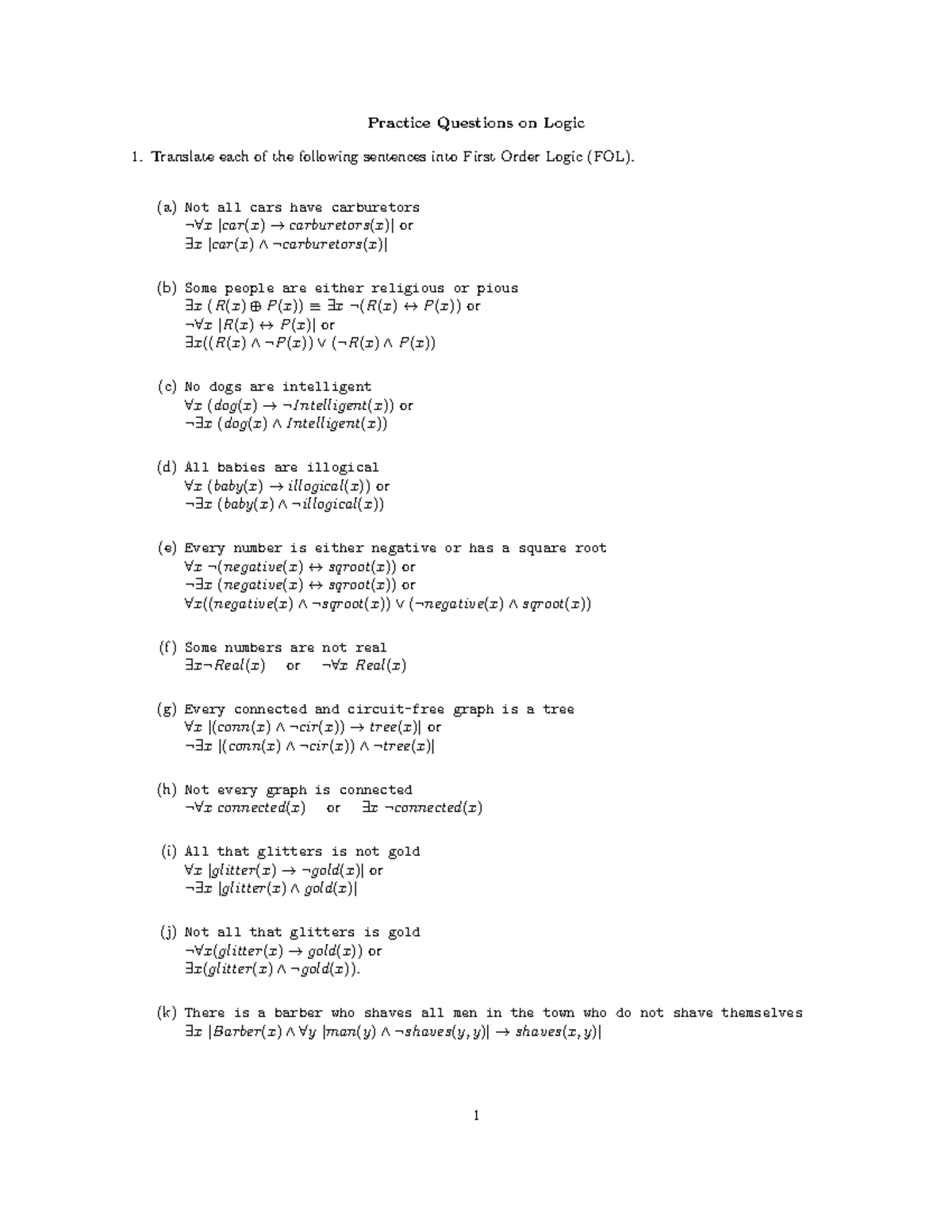 Practice Questions on Logic (PHIL101): First Order Logic Translations ...