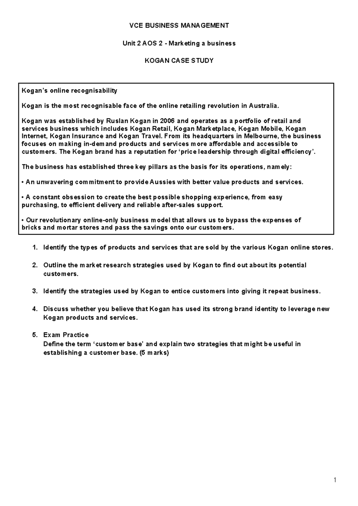 VCE BUSINESS MANAGEMENT Unit 2 AOS 2 - Kogan Marketing Case Study - Studocu