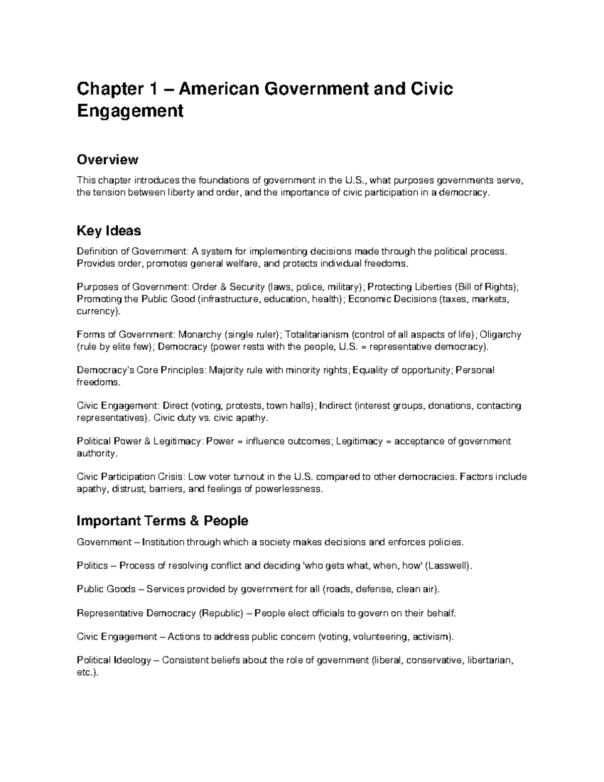 Chapter 1: Overview of American Government & Civic Engagement Notes ...