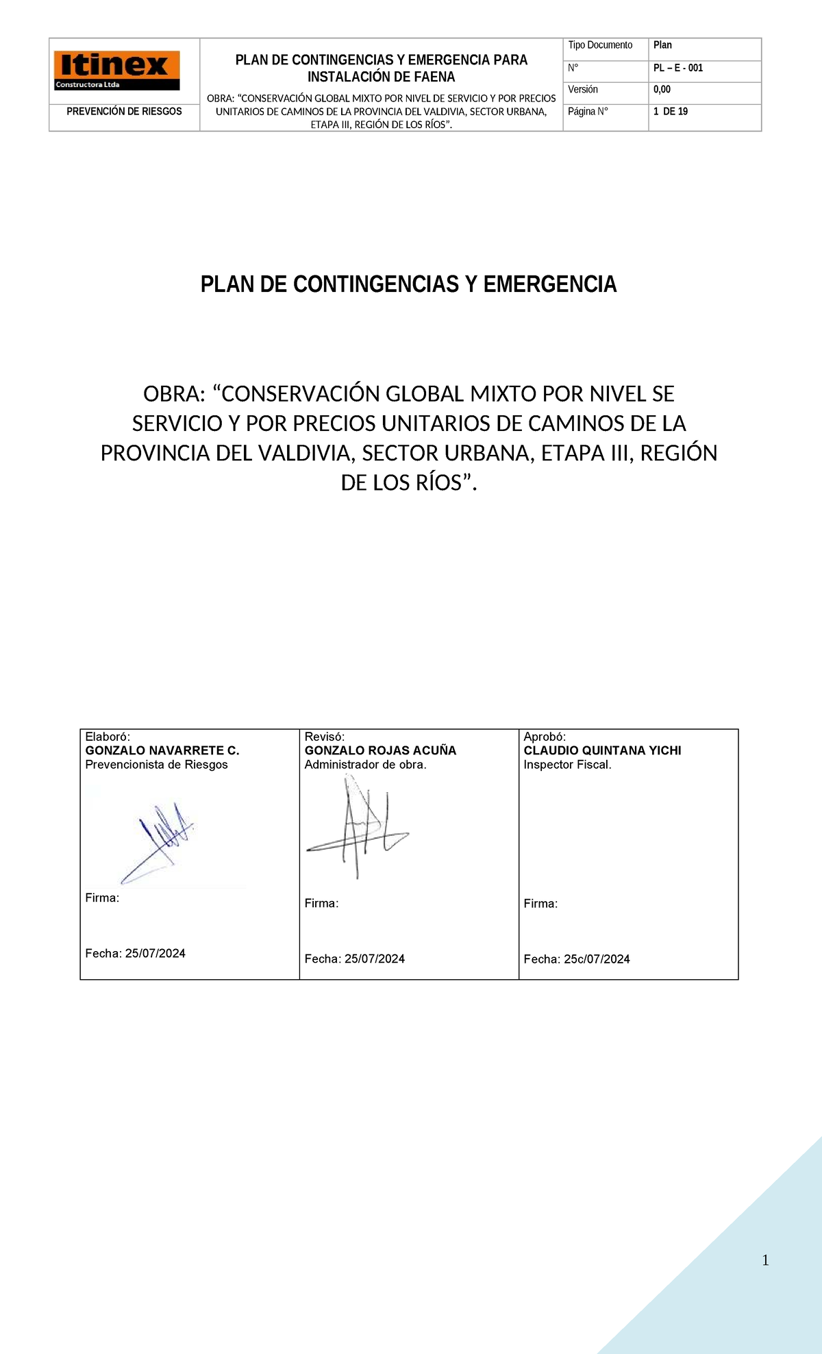 Plan de Contingencias y Emergencias para Obra Global Mixto PL E 001 ...