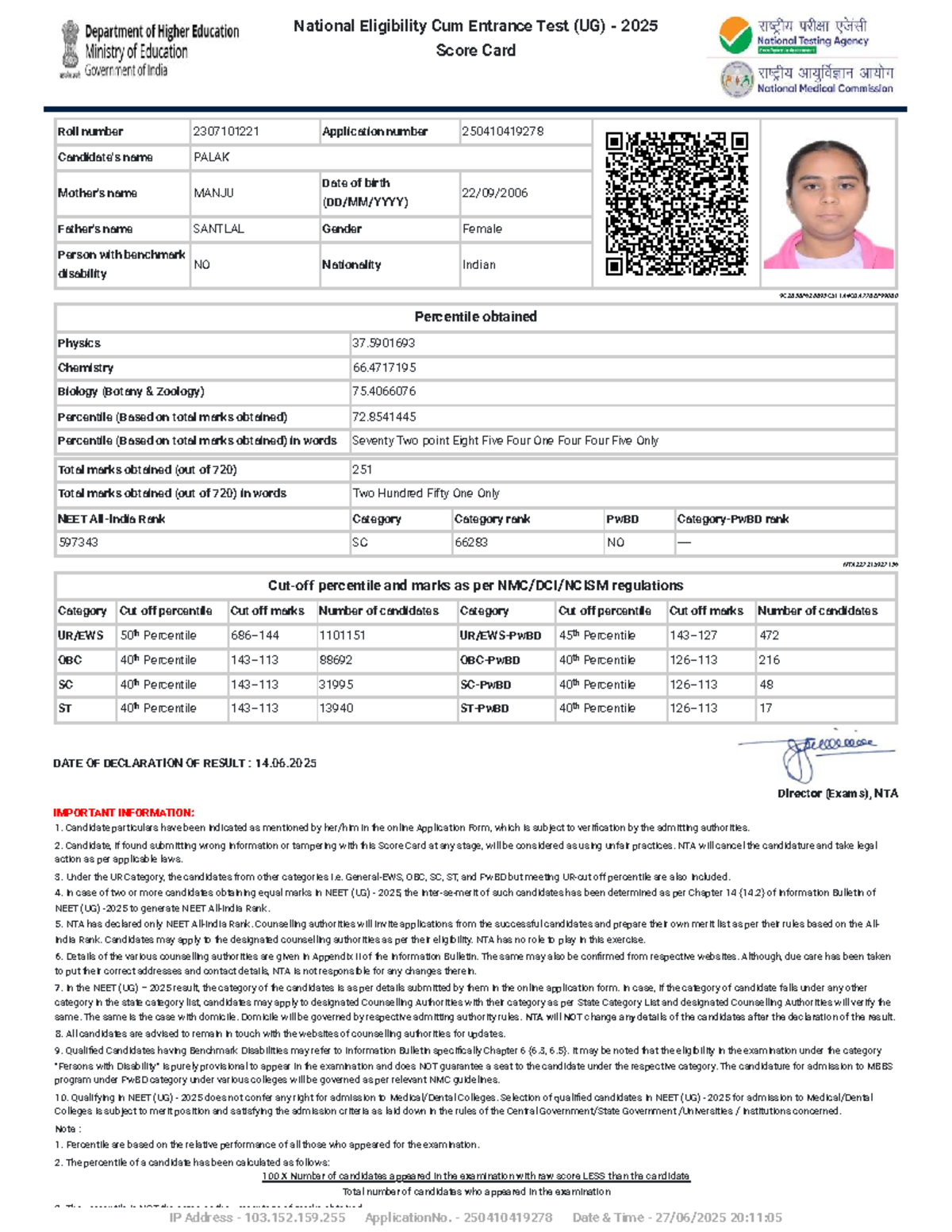 NEET (UG) 2025 Score Card for Candidates: Roll No. 2307101221 - Studocu