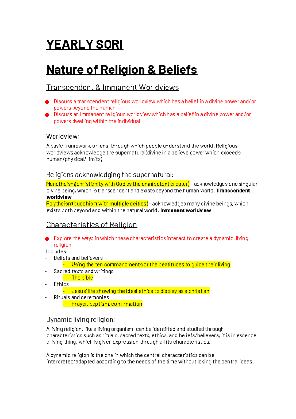 Yearly SOR - Nature of Religion & Beliefs for Preliminary Exam - Studocu