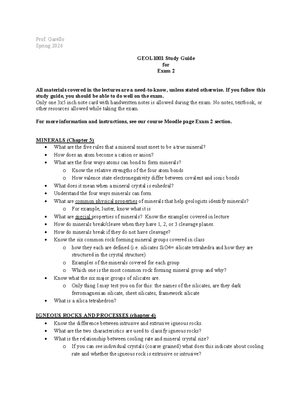 GEOL1001 Study Guide for Exam 2 - Spring 2026 - Studocu