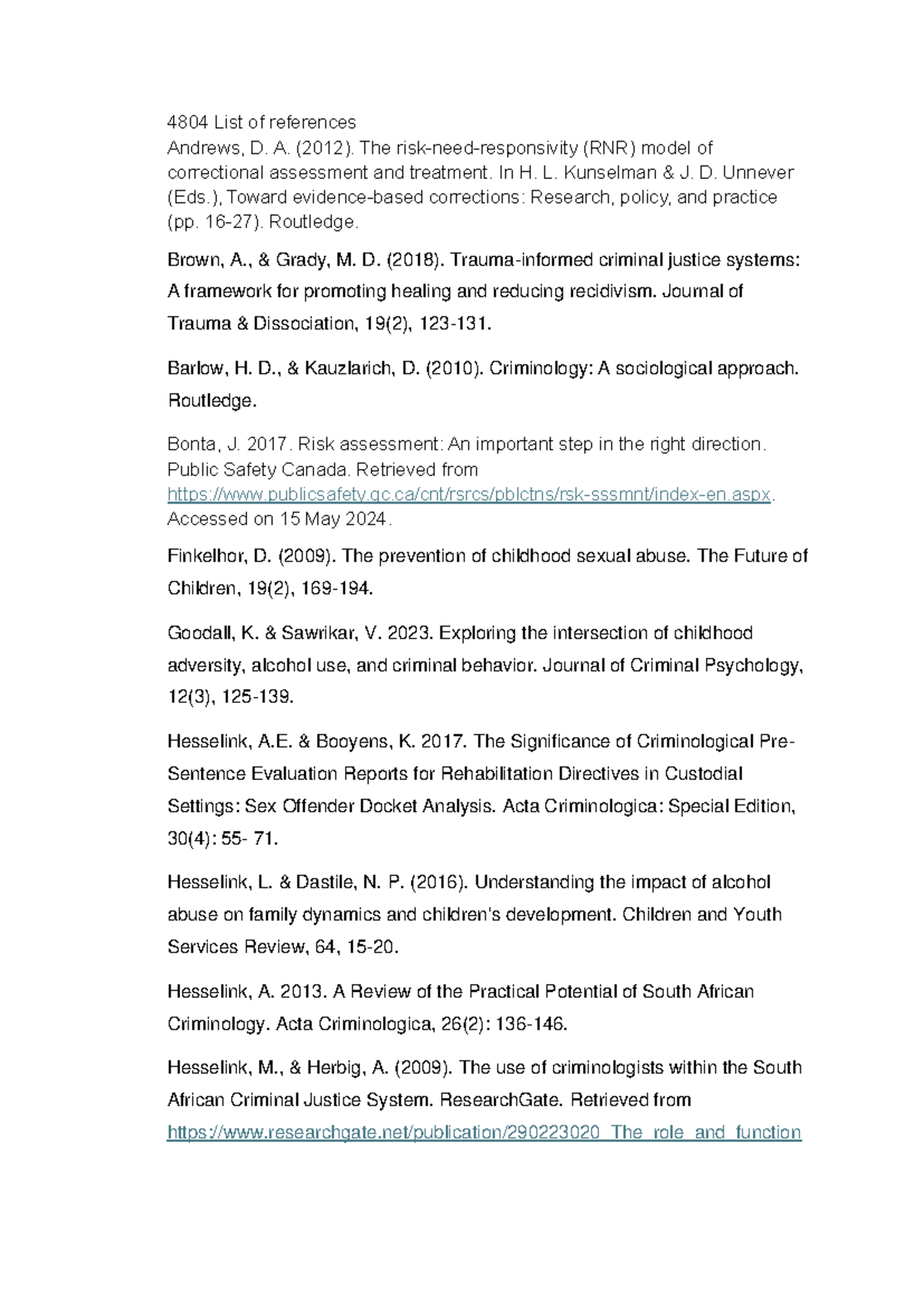 4804 References for Criminology and Correctional Assessment - Studocu