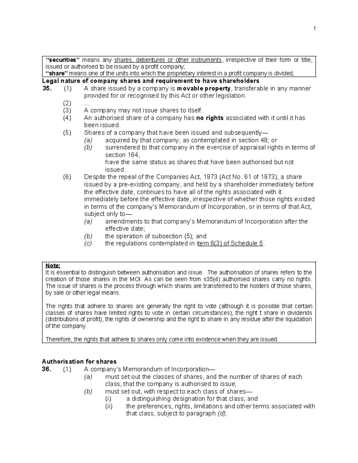 Legal Nature of Company Shares and Shareholder Requirements (CAP 101 ...