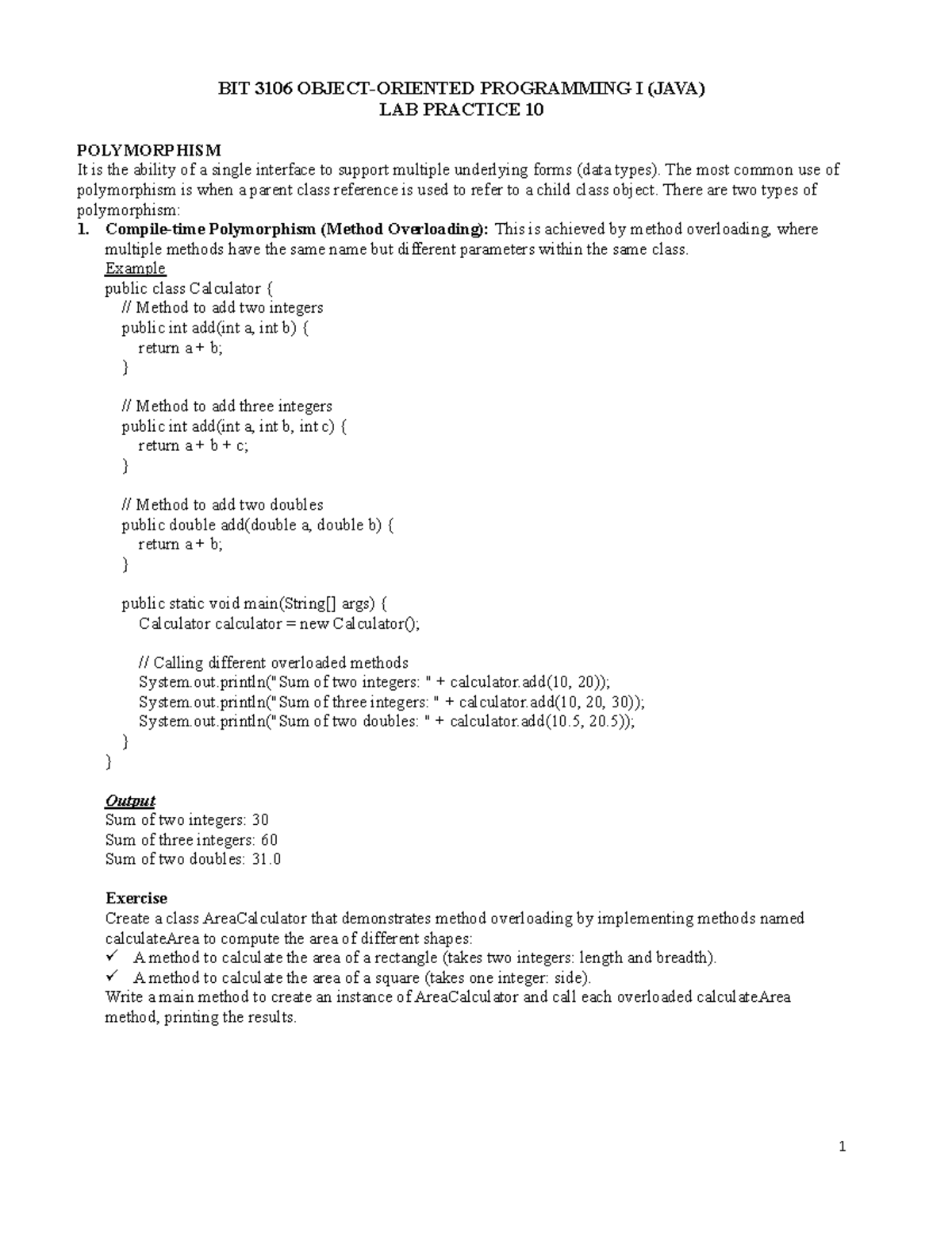 BIT 3106 OOP I (Java) Lab 10: Understanding polymorphism and interfaces ...