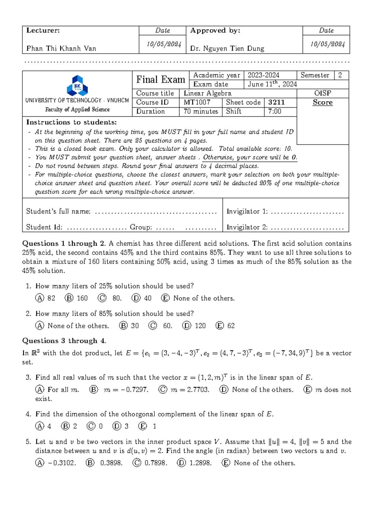 Final Exam MT1007: Linear Algebra - Semester 2, 2024 - Studocu