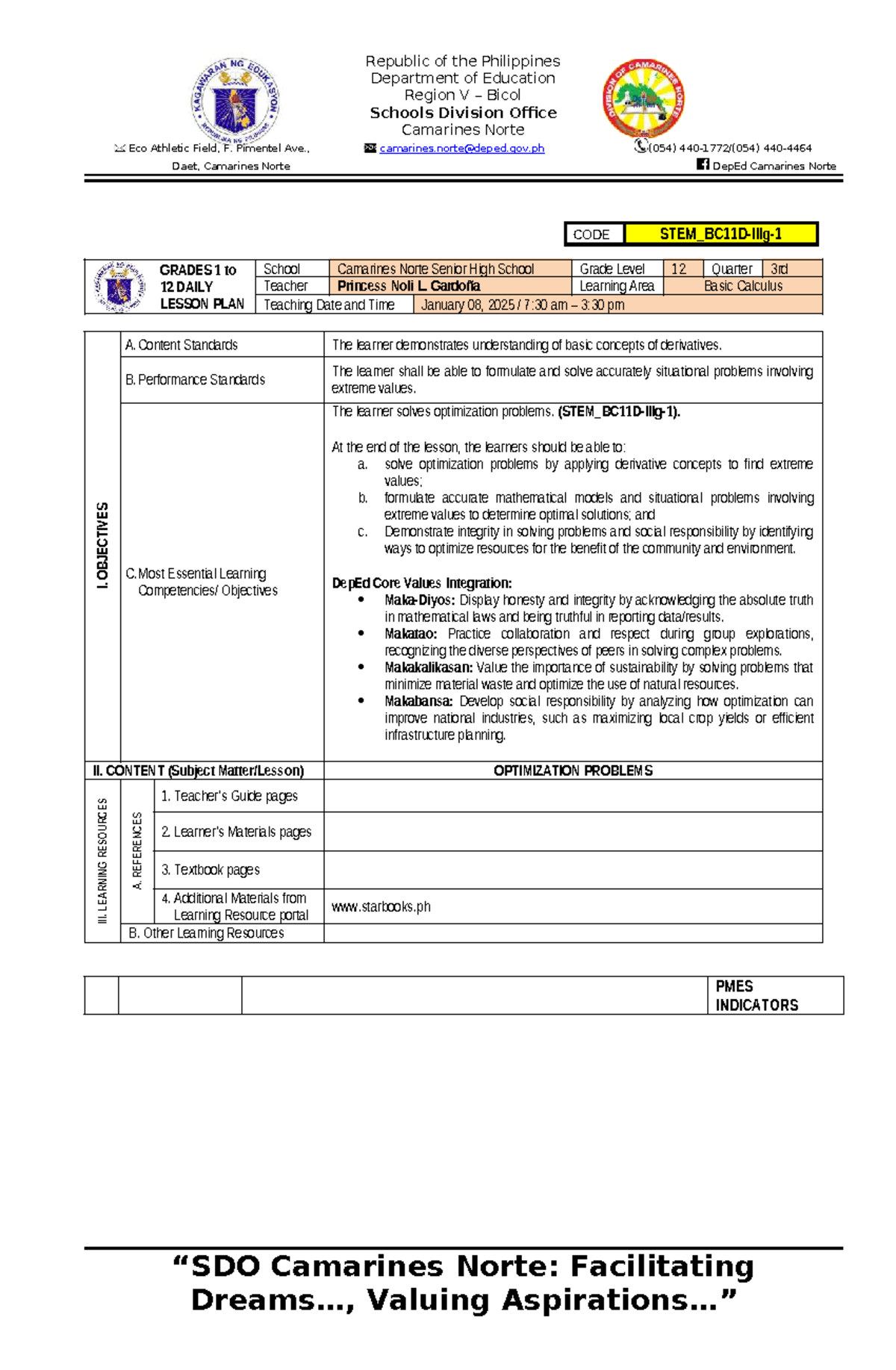 BAS CAL COT 1 2026 - Daily Lesson Plan on Optimization Problems - Studocu