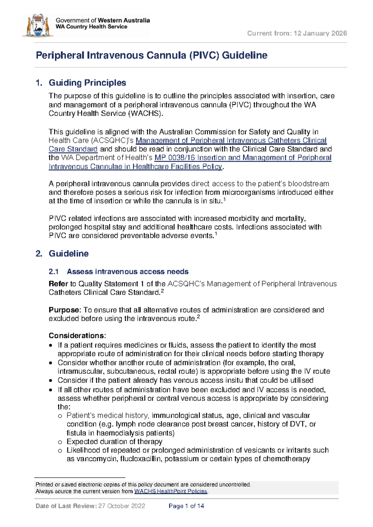 WACHS PIVC Guideline: Insertion, Care & Management Best Practices - Studocu