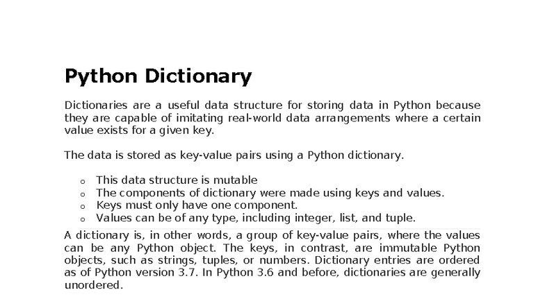 Python Dictionary - Lecture Notes on Data Structures - Studocu