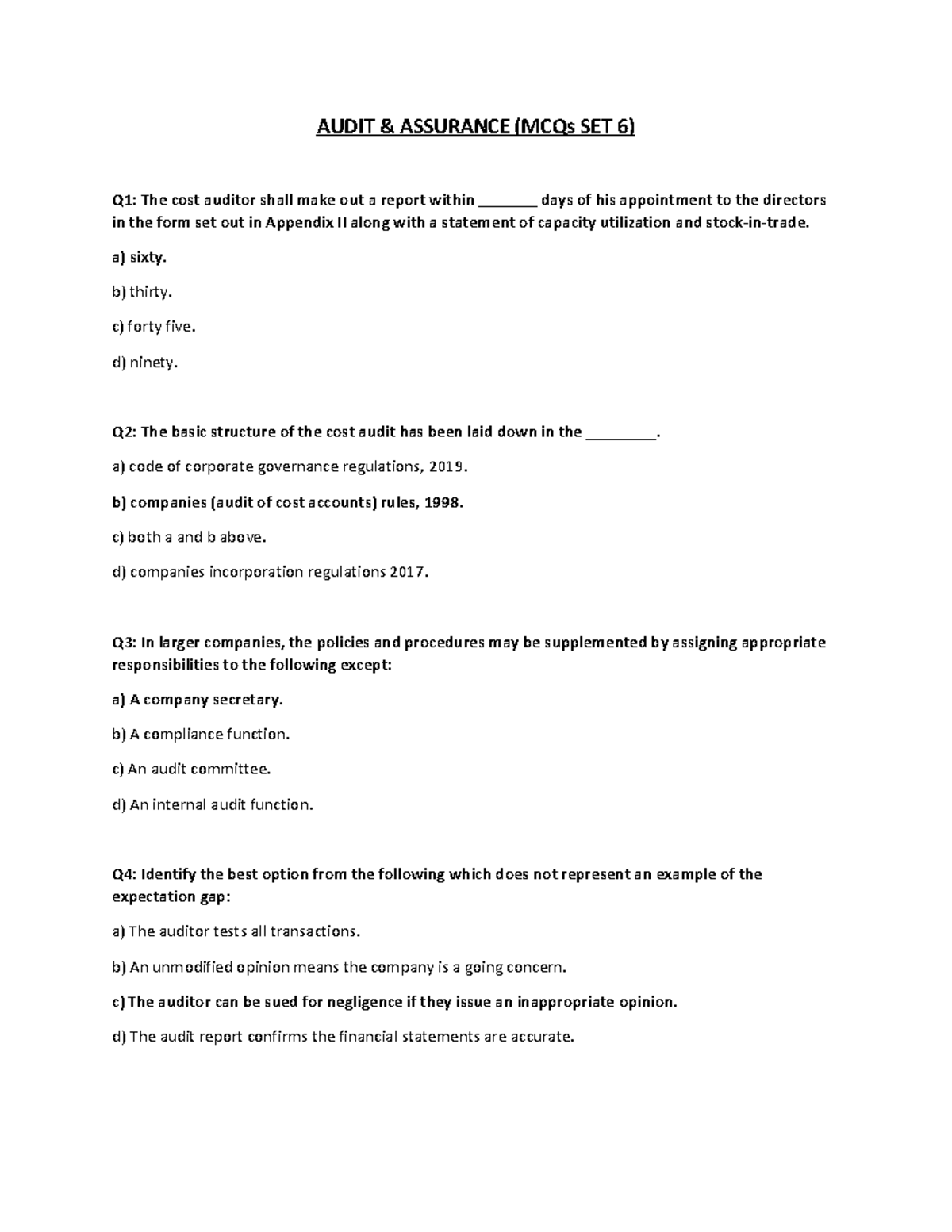 AUDIT ASSURANCE (AUD 101) MCQs SET 6: Key Concepts and Questions - Studocu