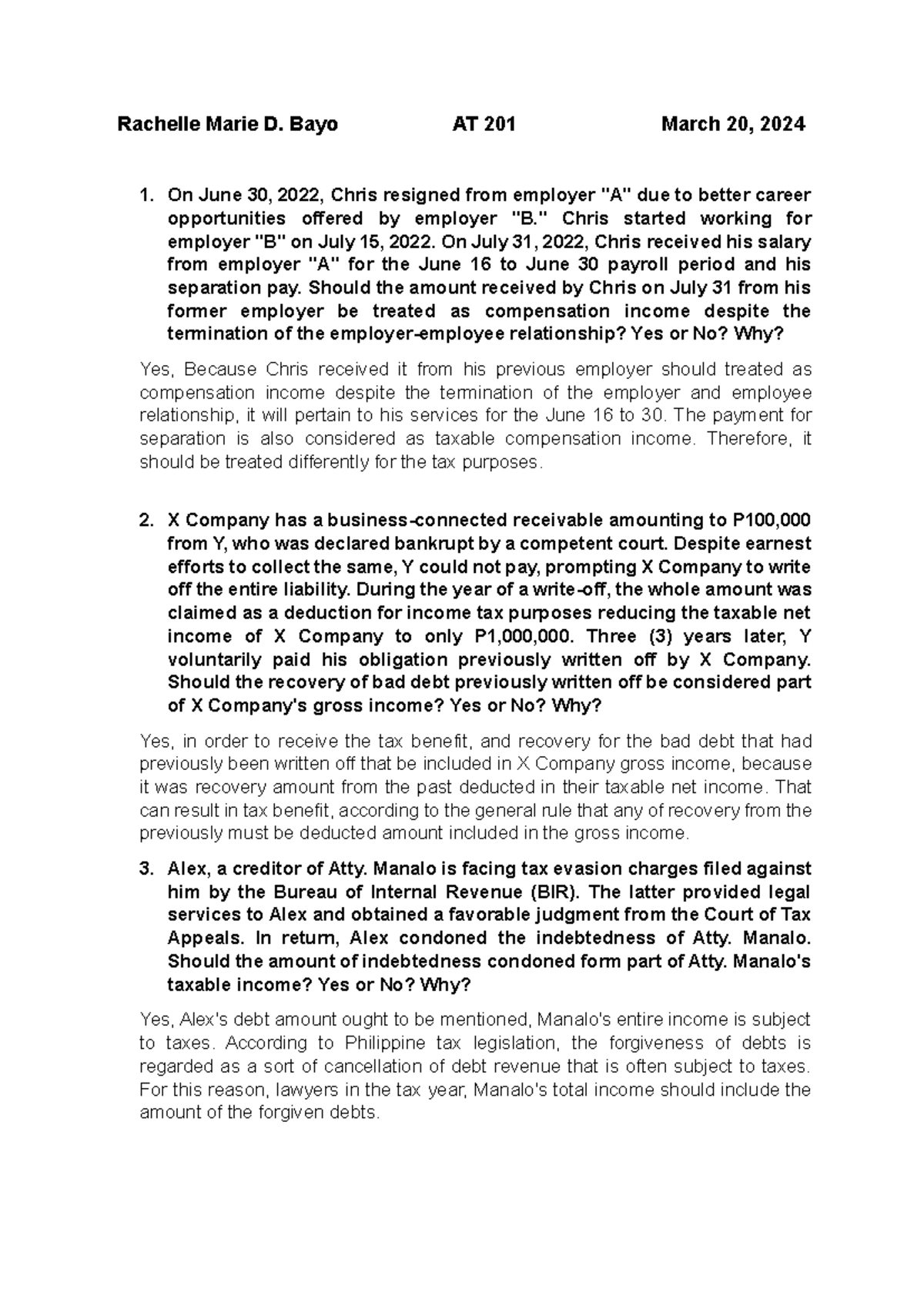 AT 201 Activity 4: Task Performance on Income Tax Implications - Studocu