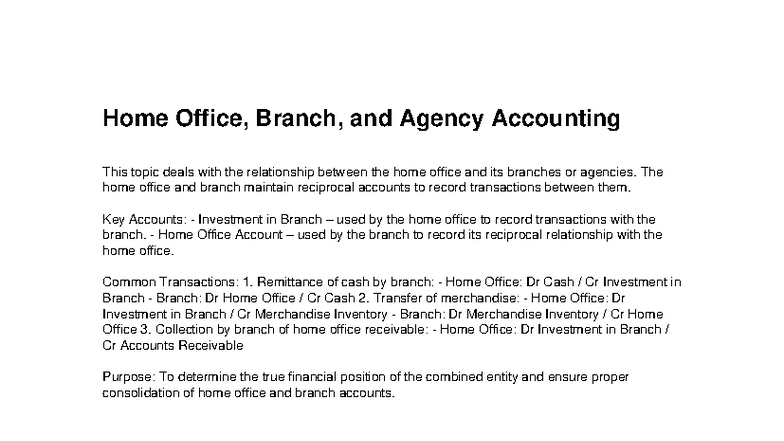 Home Office, Branch & Agency Accounting Overview - Studocu