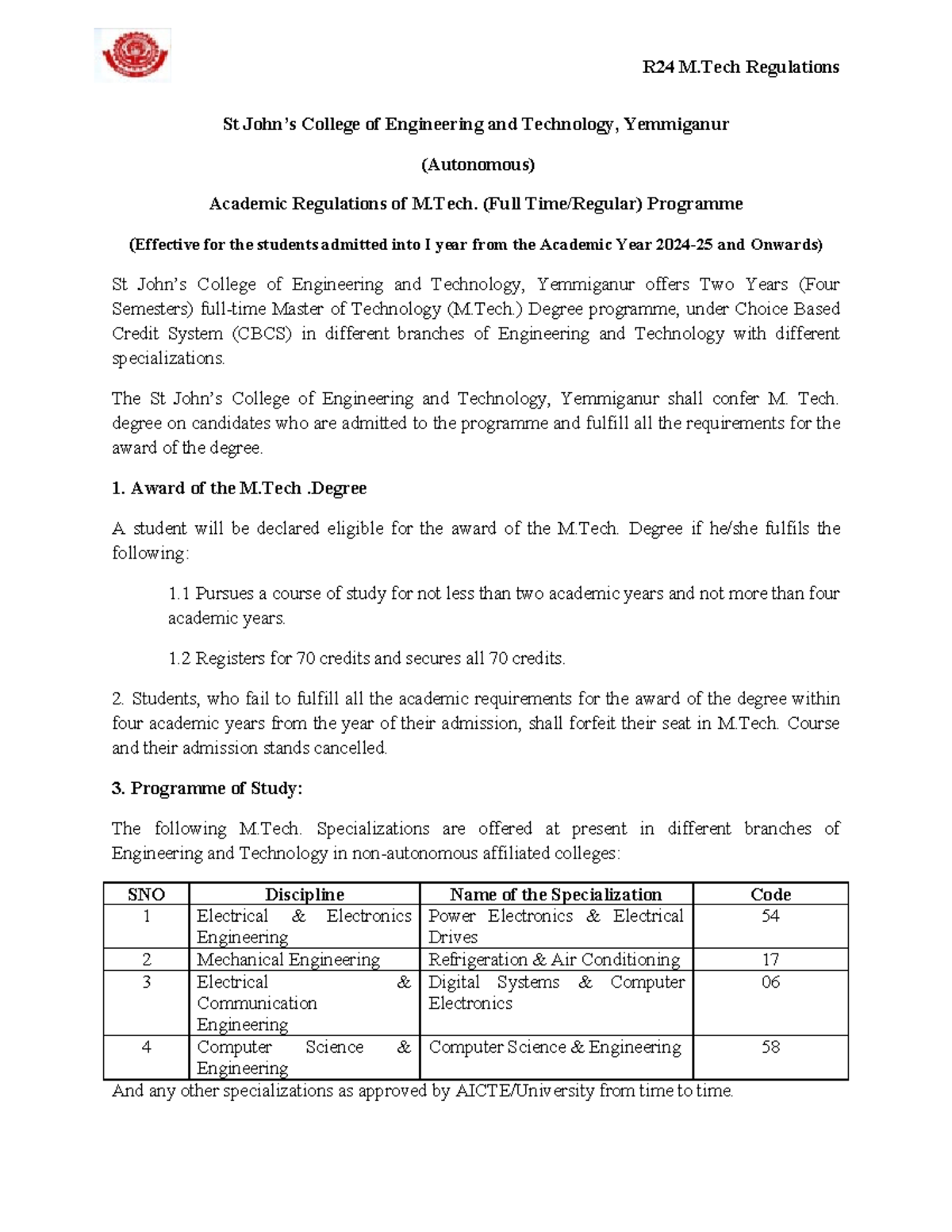 M.Tech R24 Academic Regulations - St College of Engineering - Studocu