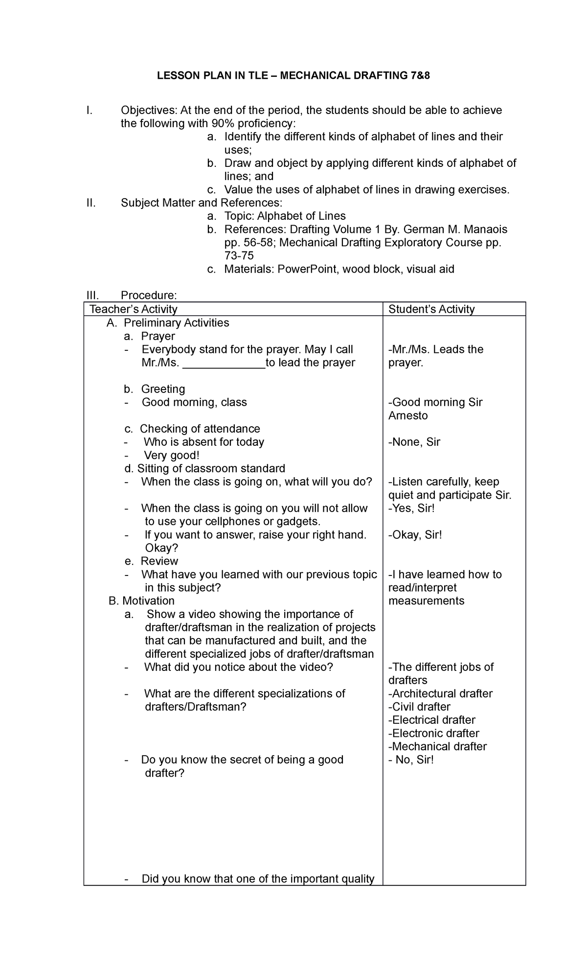 TLE 101: Sample Lesson Plan on Alphabet of Lines in Mechanical Drafting ...