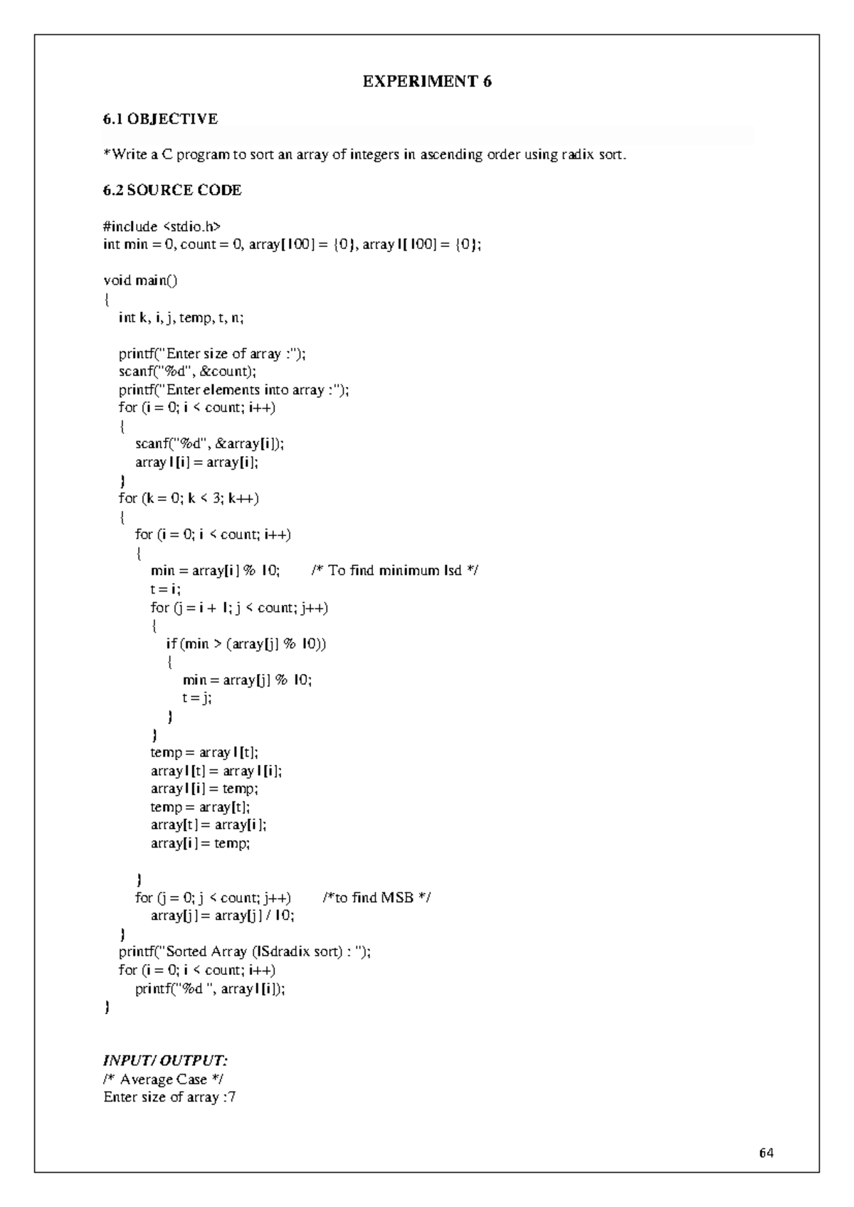 C Programming Experiment 6: Radix Sort Implementation and Output - Studocu