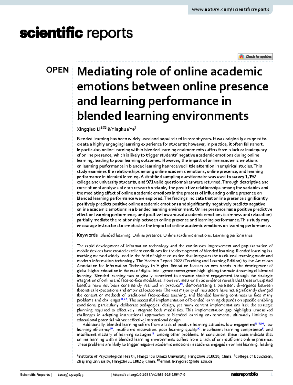 Mediating Role of Online Academic Emotions in Blended Learning (EDU ...