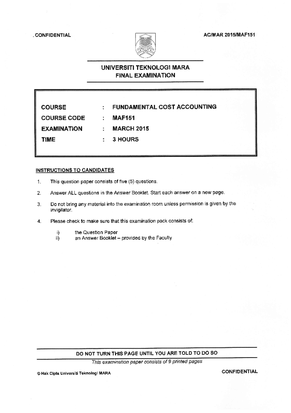 MAF151 Final Exam Paper - Fundamental Cost Accounting (March 2015 ...