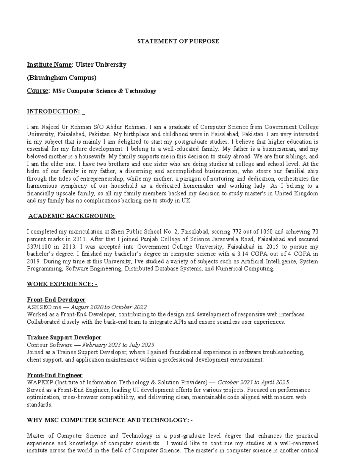 Statement of Purpose for MSc Computer Science at Ulster University ...