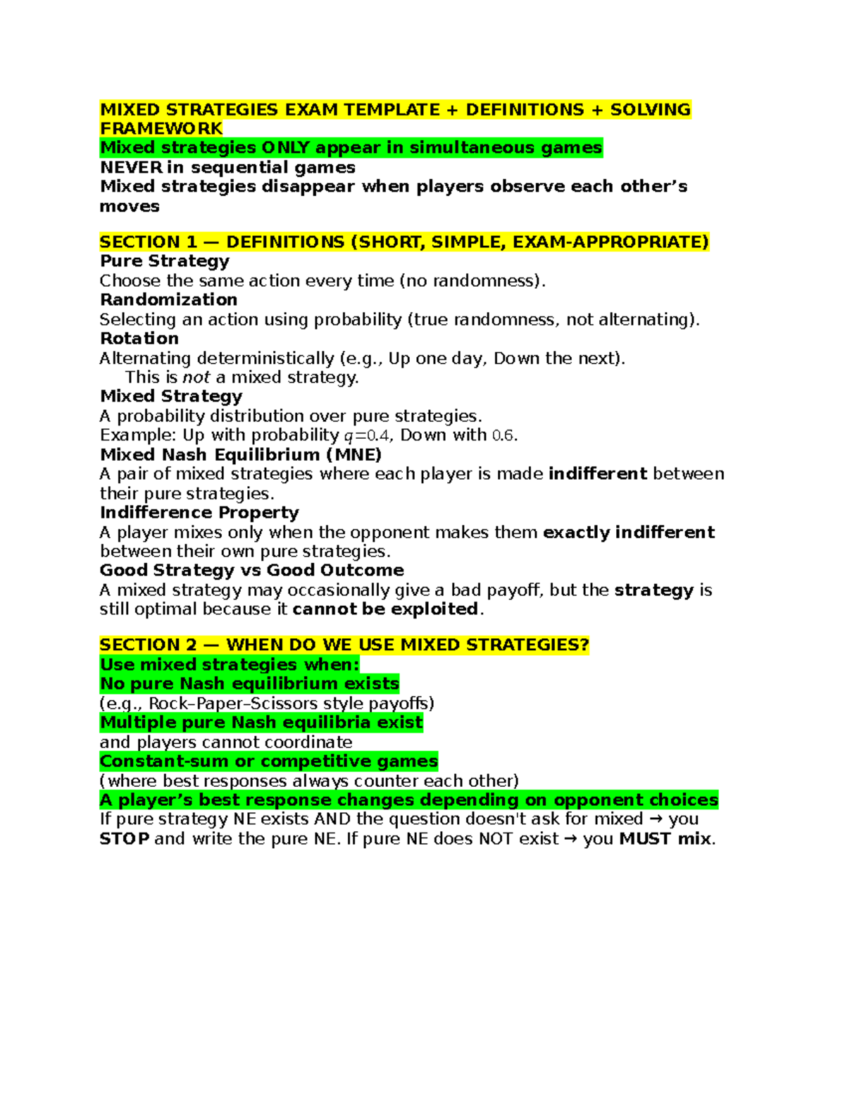 MIXED STRATEGIES EXAM TEMPLATE: DEFINITIONS & SOLVING FRAMEWORK - Studocu