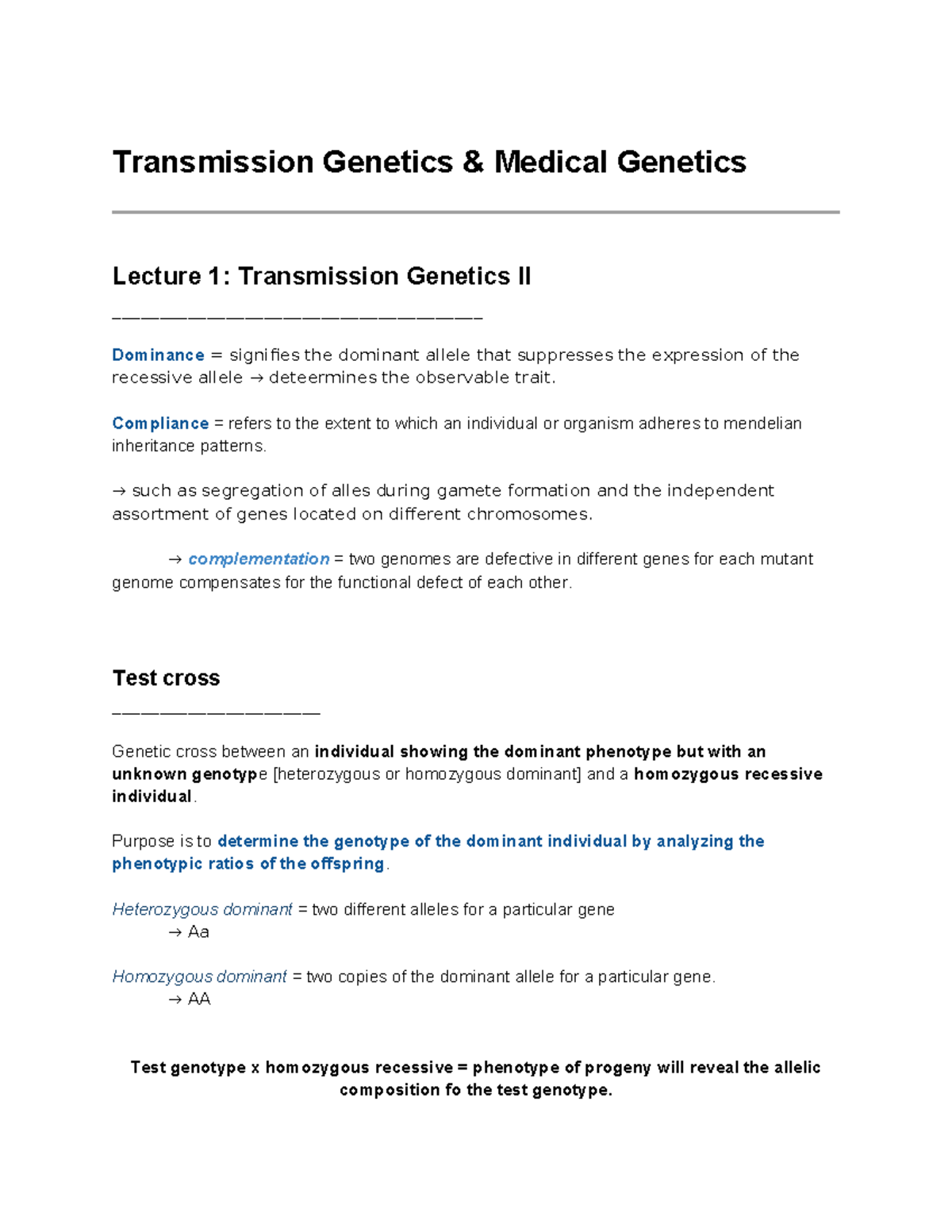 BS1050 - WEEK 3 - Transmission & Medical Genetics Lecture Notes - Studocu
