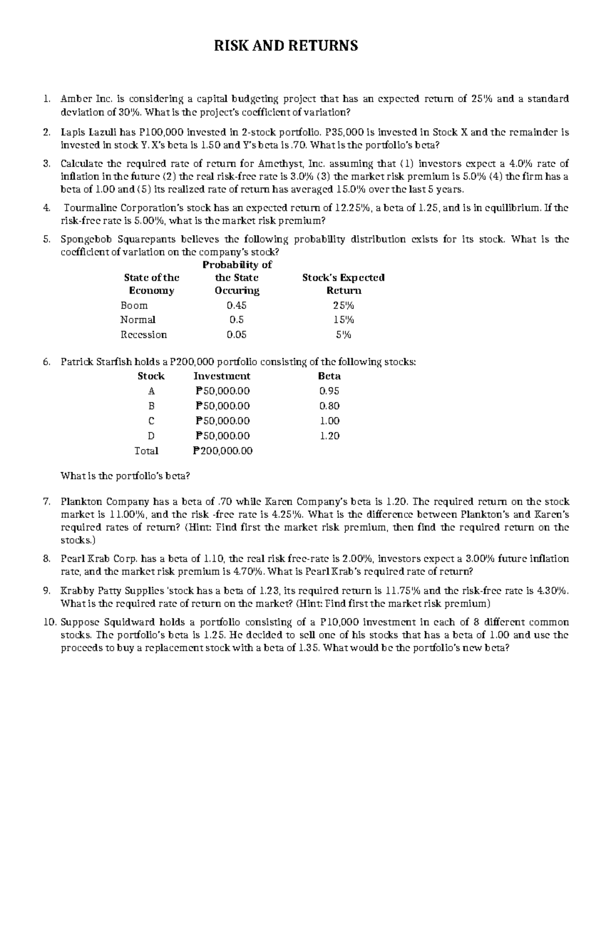 RISK AND RETURNS Practice Questions and Solutions for Finance 101 - Studocu