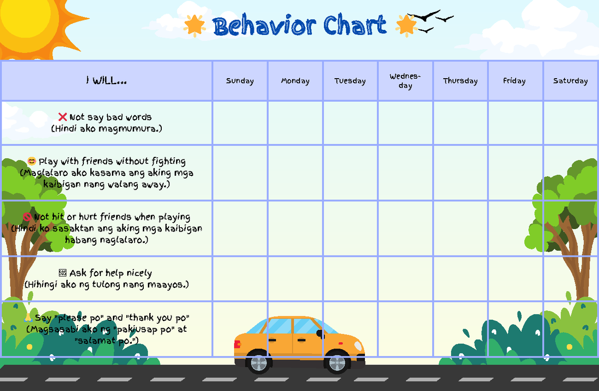 Behavior Chart - I WILL... Sunday Monday Tuesday Wednes- day Thursday ...