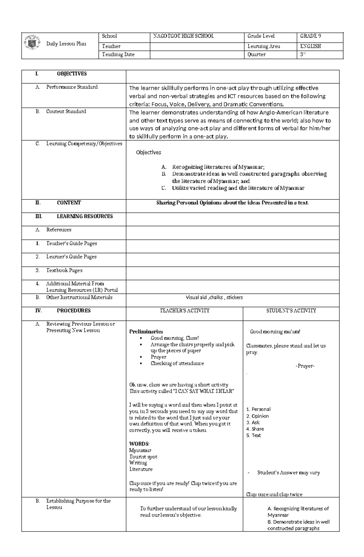 Grade 9 Daily Lesson Plan on Myanmar Literature (ENGLISH) - Studocu