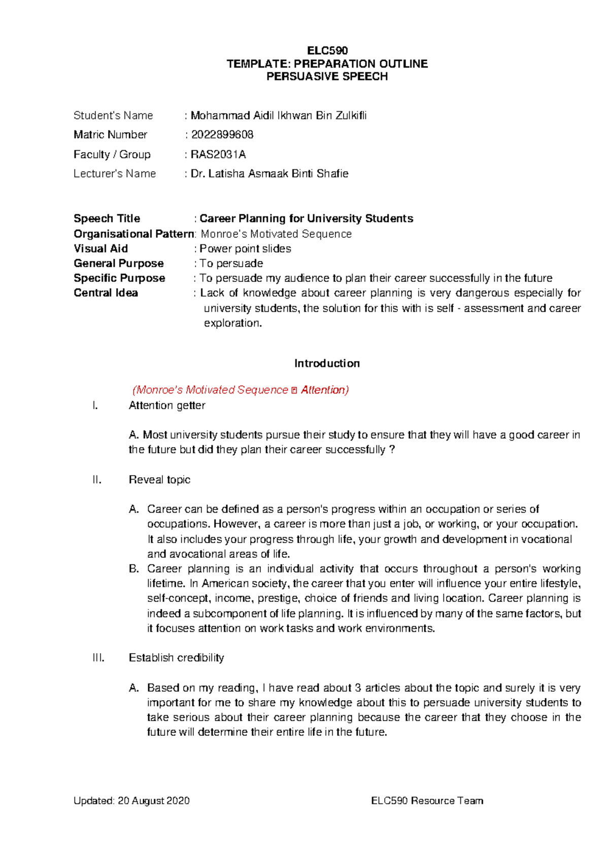 ELC590 Final Exam Preparation Outline: Persuasive Speech on Career ...