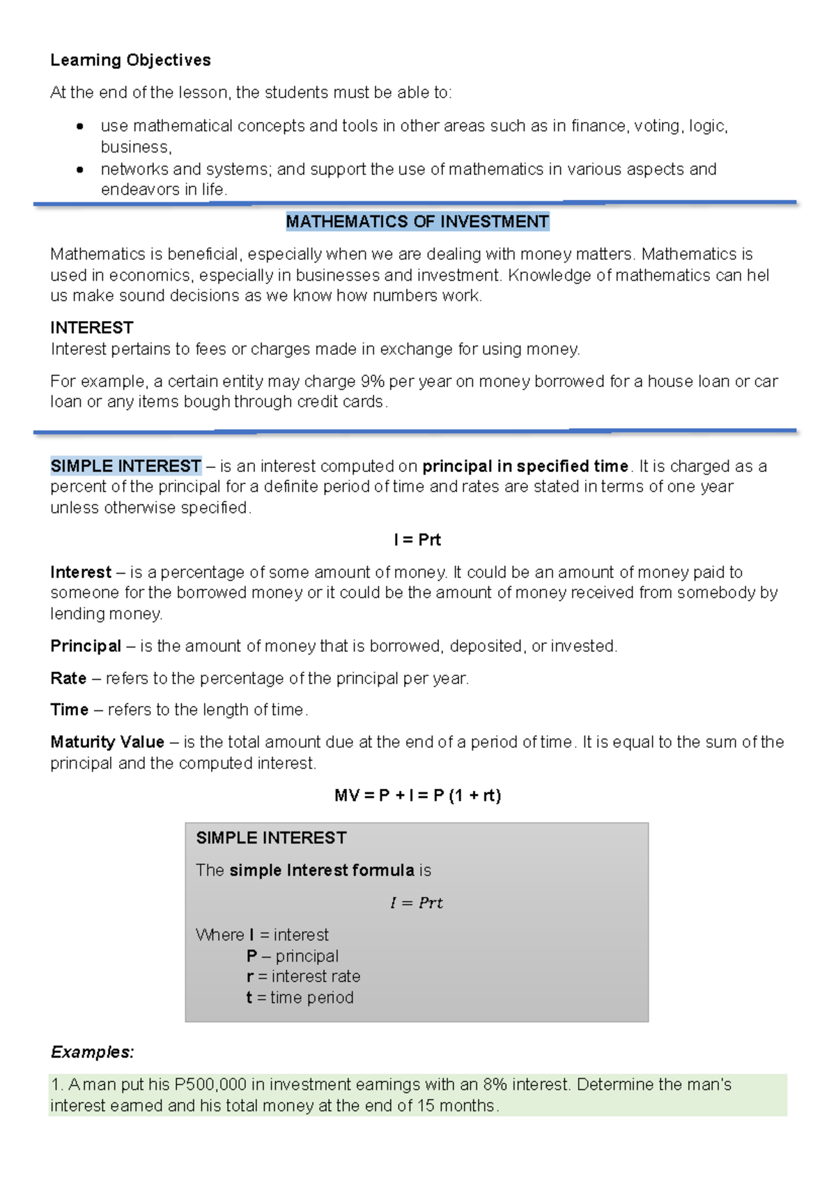 MAT 101: Simple and Compound Interest Lesson Notes - Studocu