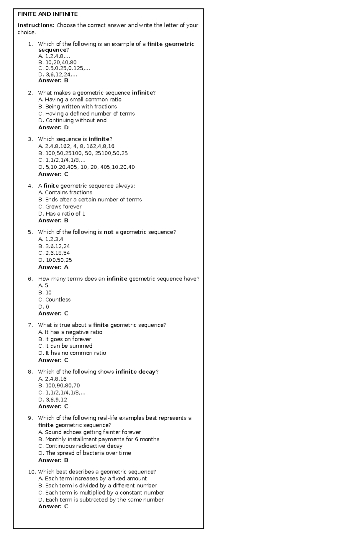 MATH 10 QUIZ 2 - FINITE AND INFINITE SEQUENCES - Studocu