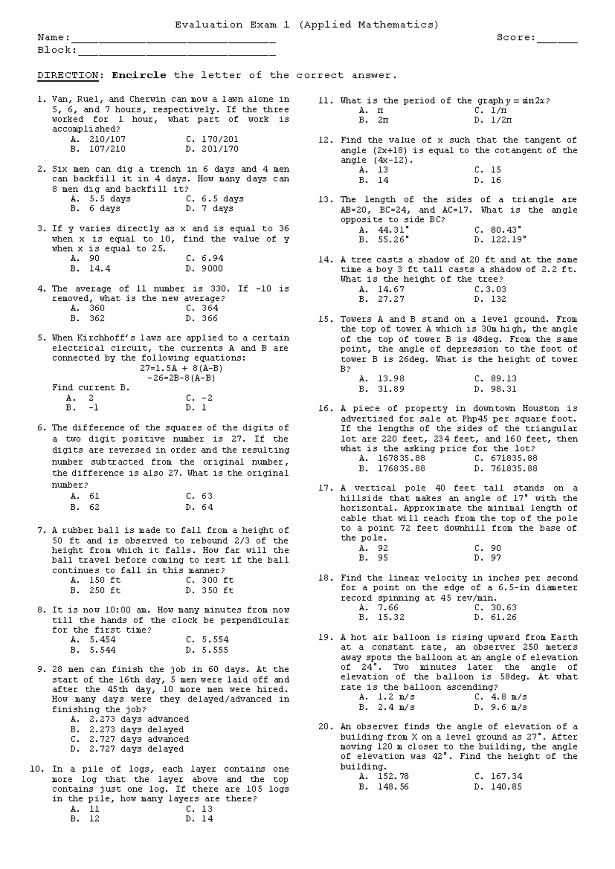 Evaluation Exam 1 (Applied Mathematics) - Pre-Board Questions - Studocu