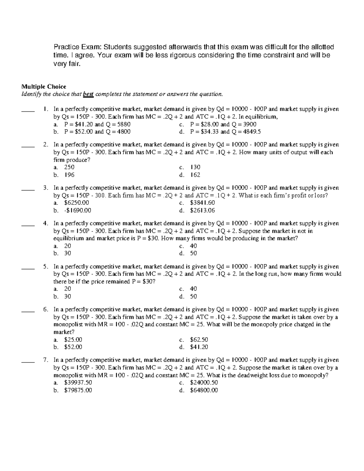 Econ Exam 2011 and Answers - Practice Exam: Students suggested ...
