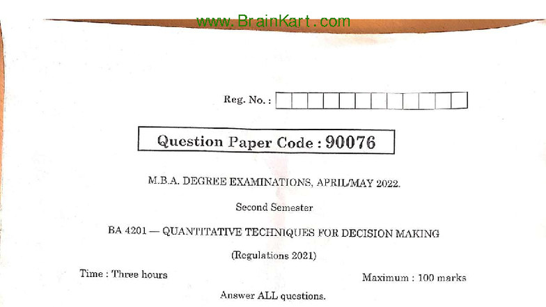 Quantitative Techniques for Decision Making - BA4201 QP April-May 2022 ...