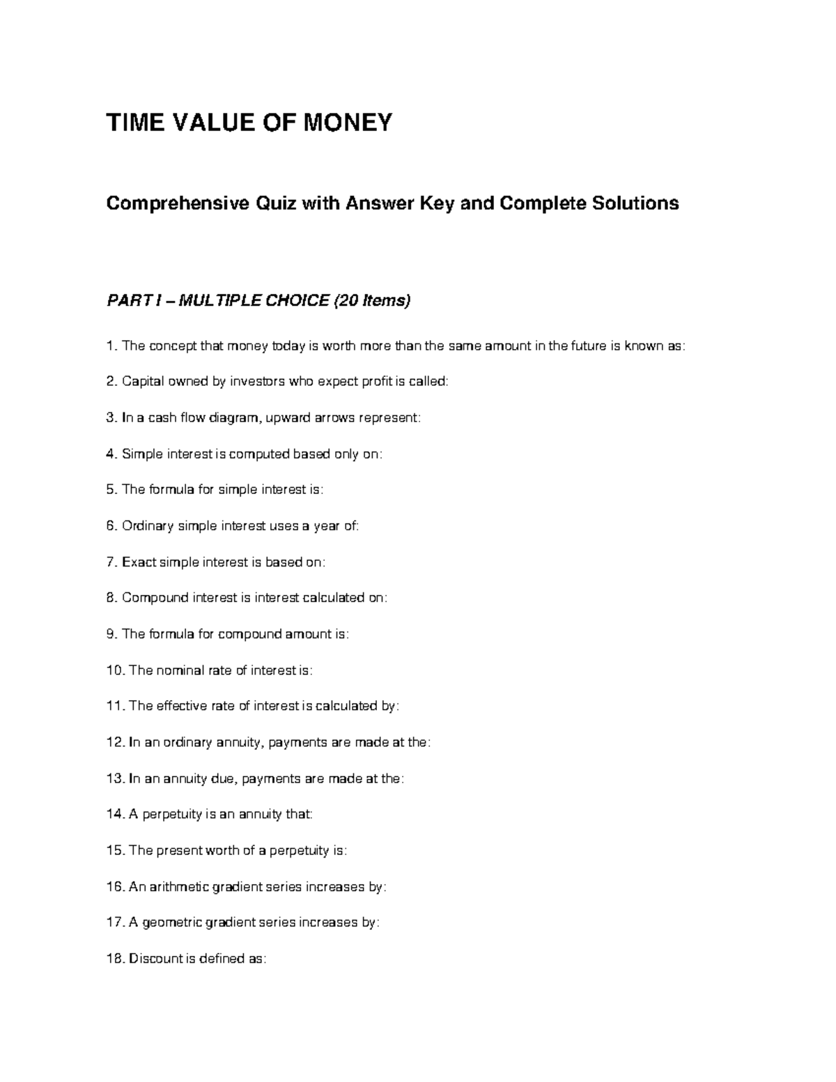 TIME VALUE OF MONEY Quiz (Comprehensive) with Solutions - Studocu