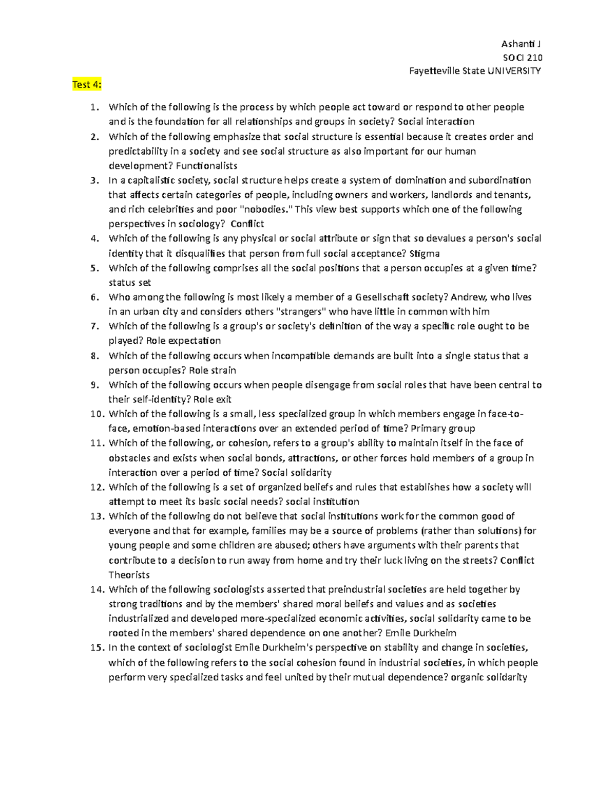Test 4 SOCI 210 - Questions and Answers for Sociology Exam - Studocu