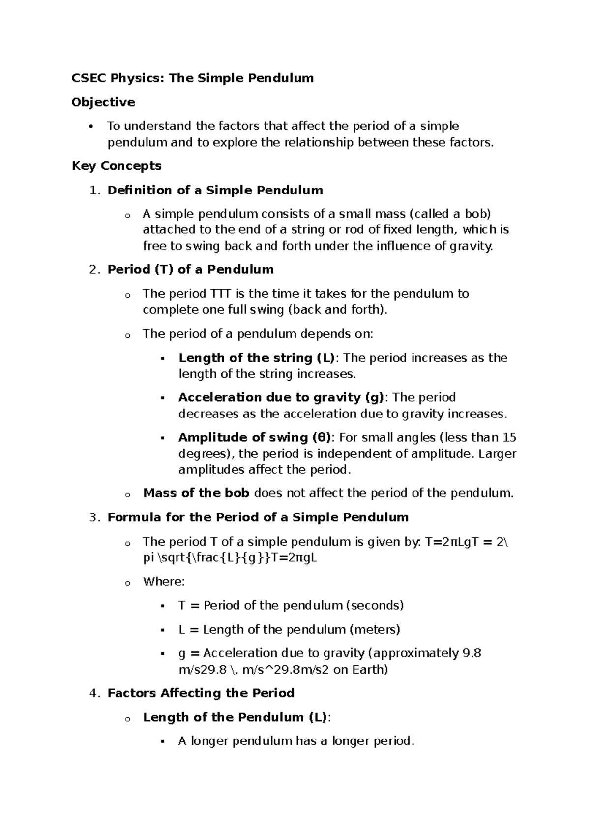 CSEC Physics: Simple Pendulum & Measurement Concepts Notes - Studocu