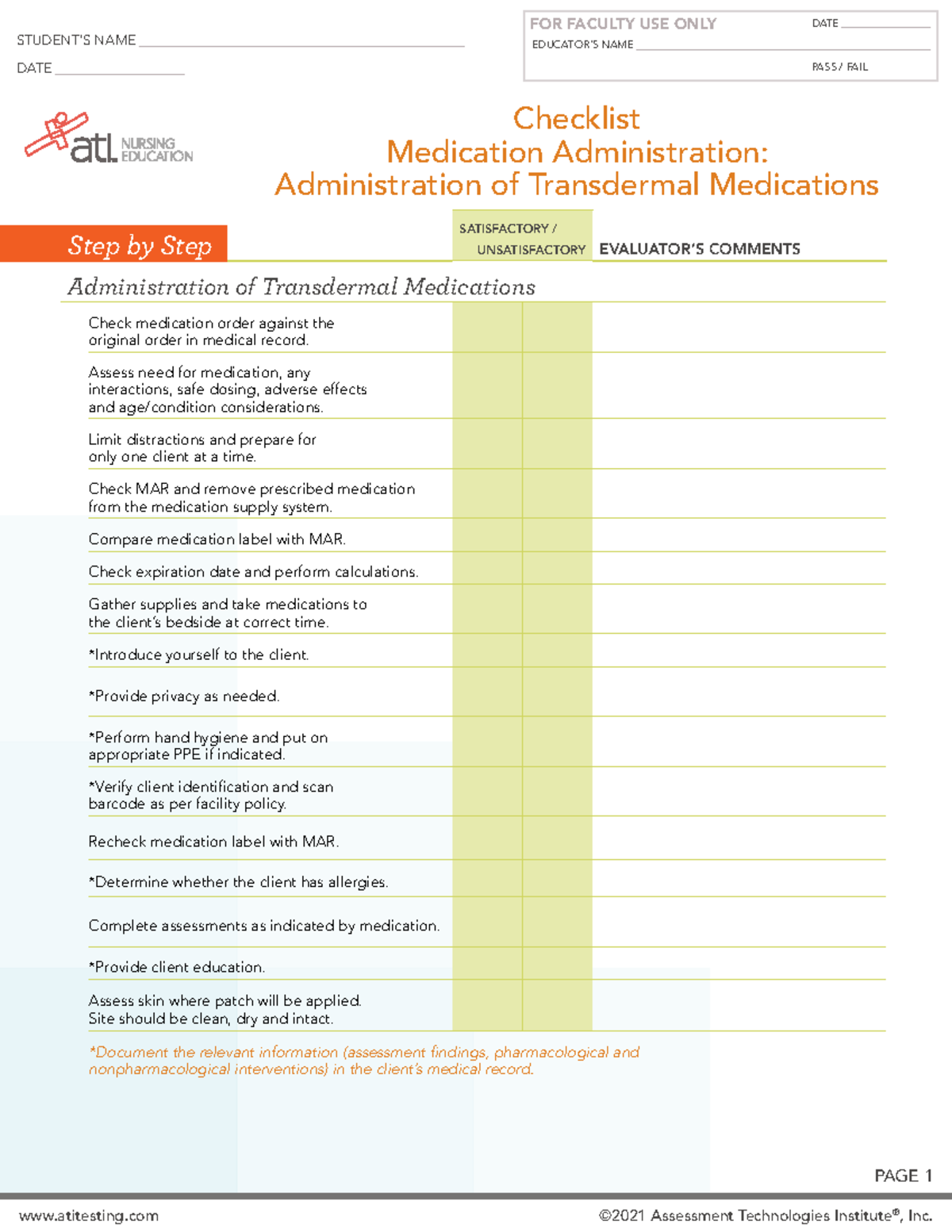 ATI Med Admin Checklist: Administering Transdermal Medications - Studocu