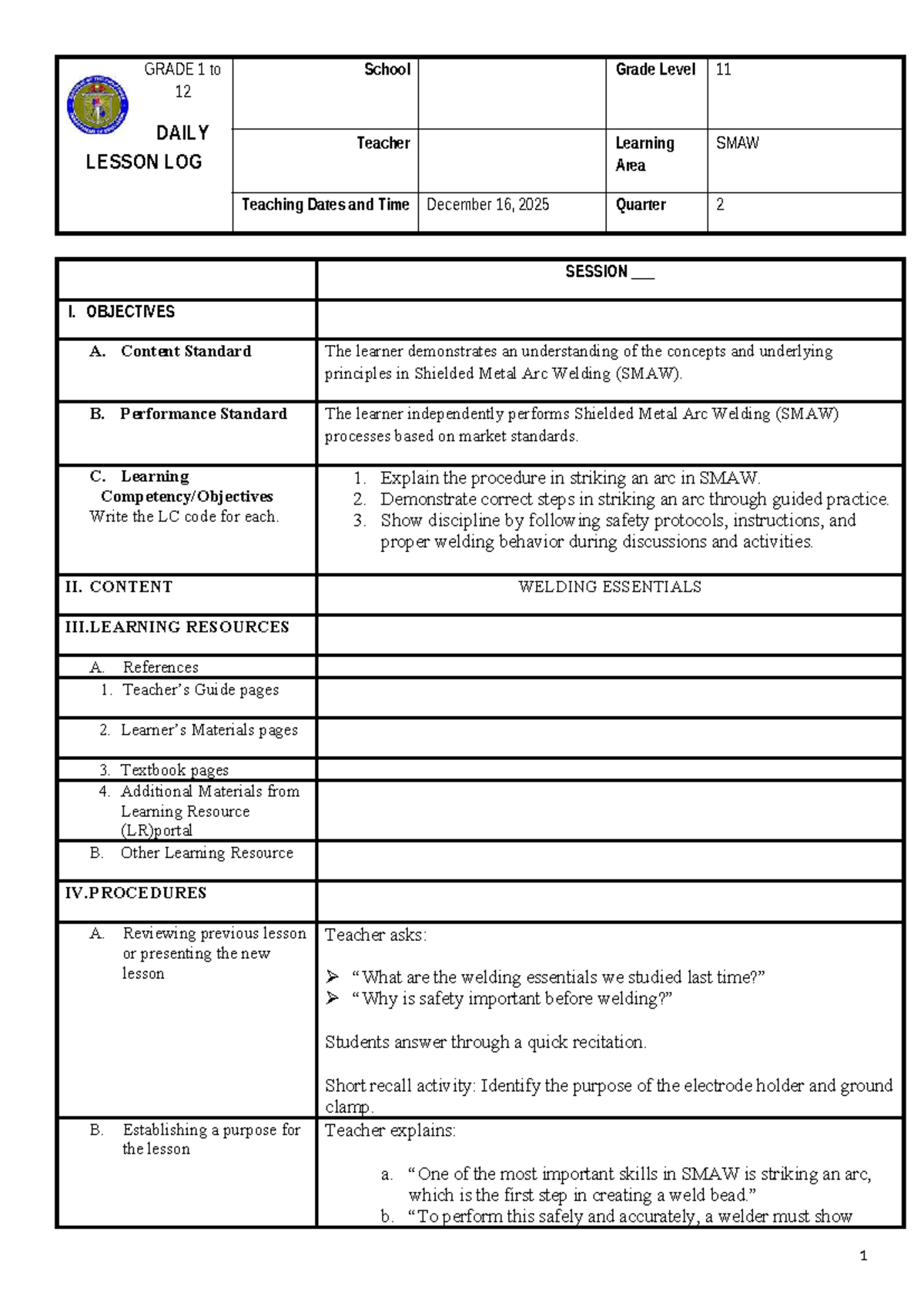 Grade 11 SMAW Lesson Plan: Daily Log for Quarter 2 - Studocu